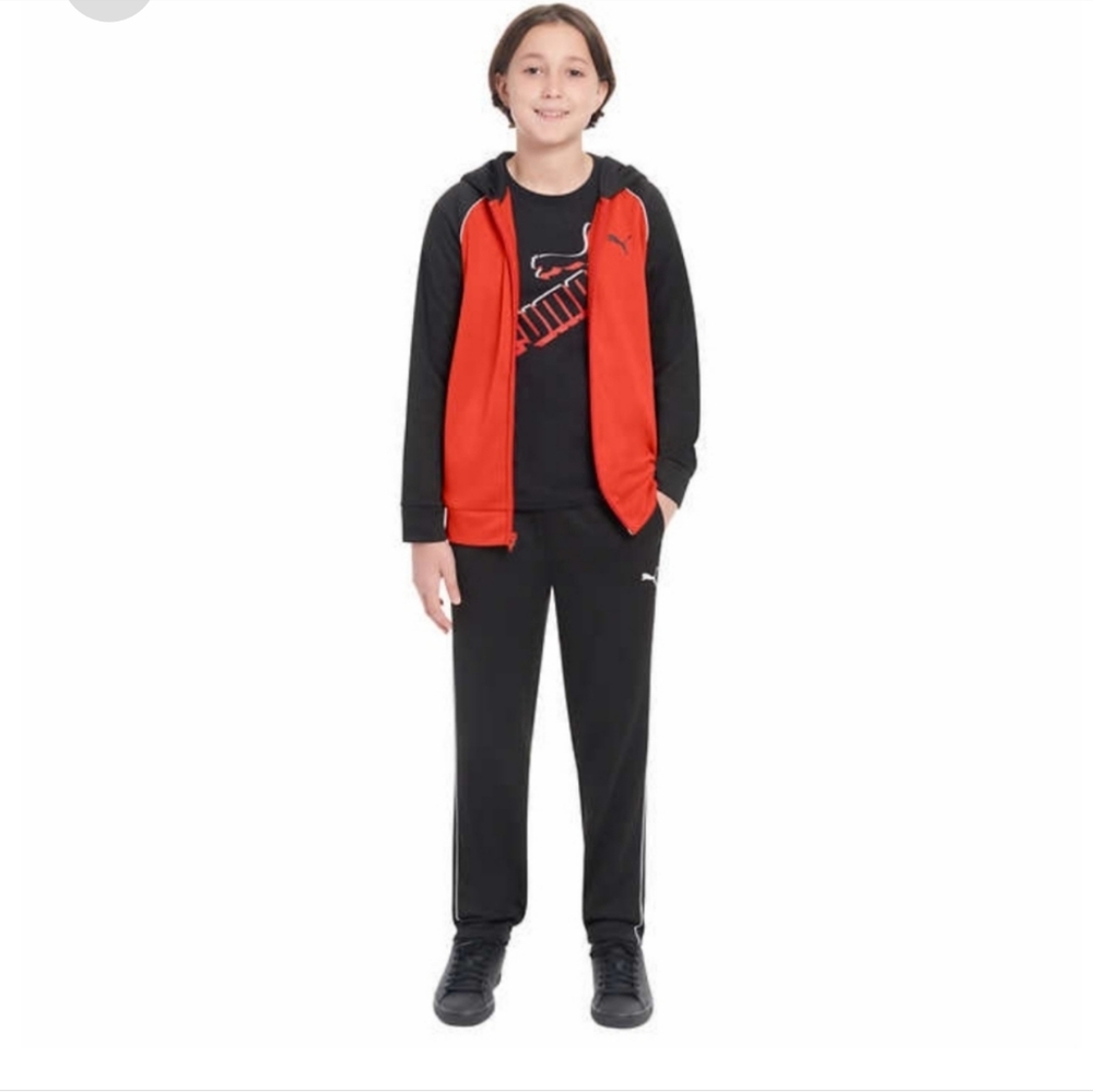 Puma Boys 3-Piece Tech Fleece Hoodie, Tee & Jogger Set XXS Red and Black - Picture 3 of 4
